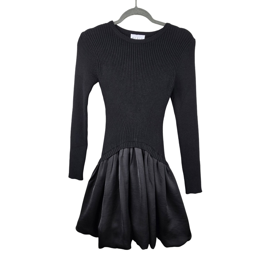 Mable Mixed Media Mini Dress Women Small Black Ribbed Knit Satin Bubble Hem